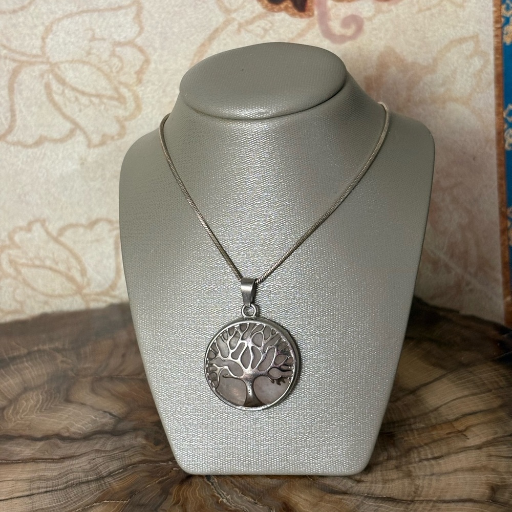 Rose Quartz Silver Tree of Life Pendant Necklace